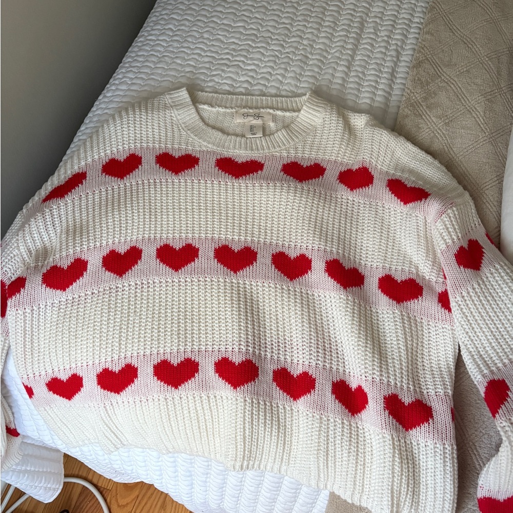Jessica Simpson Red and White Cowl Neck Sweater with Heart Pattern